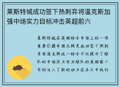 莱斯特城成功签下热刺弃将温克斯加强中场实力目标冲击英超前六